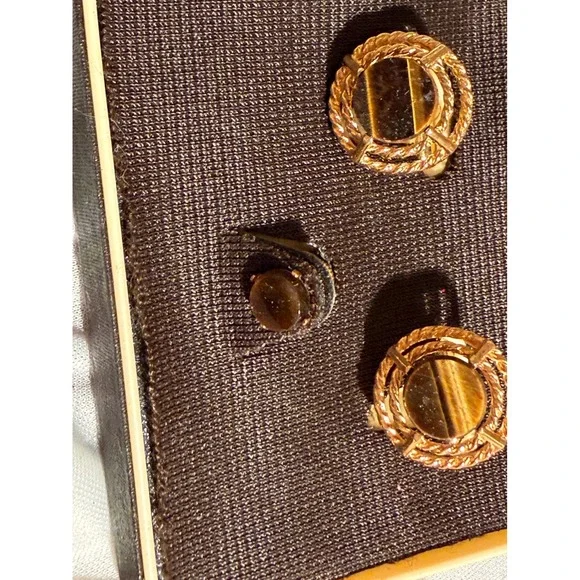 Vintage Dante Tigers Eye Cufflinks and Tie Tack Set Gold Tone Mid Century Boxed - Picture 5 of 7